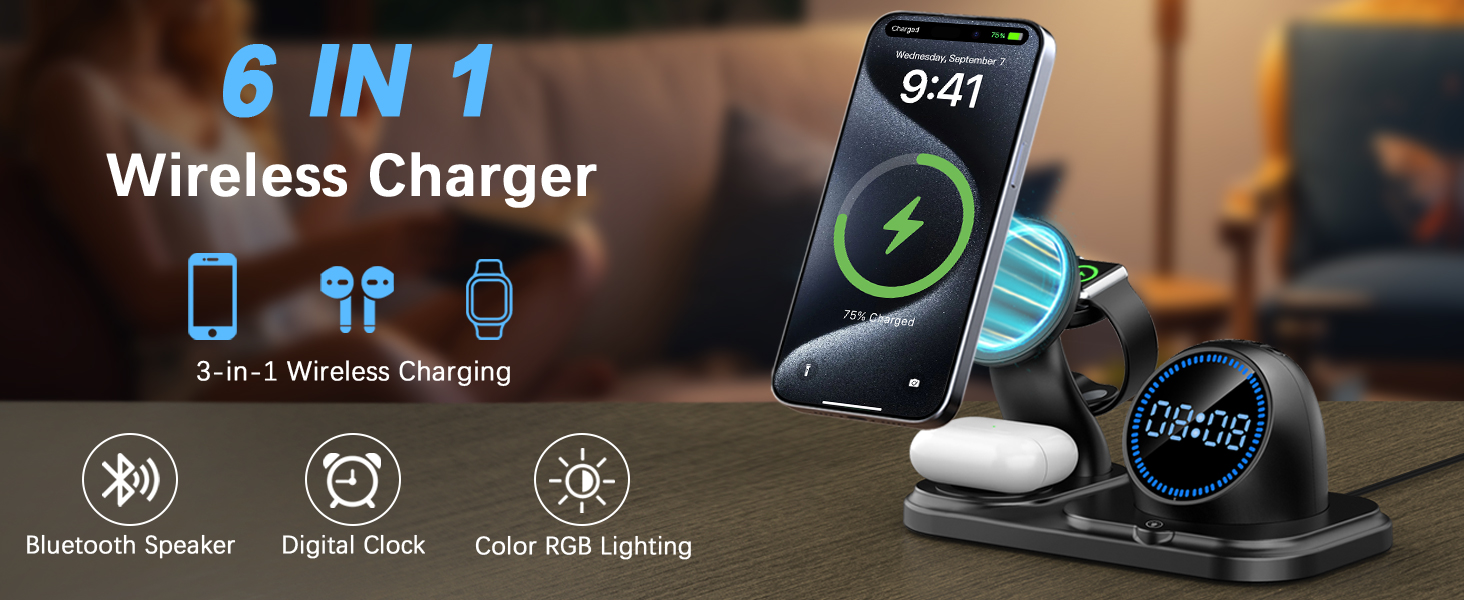 Text reads '6 IN 1' and 'Wireless Charger'. Product shows multiple charging icons for devices. Multi-device wireless charging station with sleek black design featuring phone, watch, and earbud charging capabilities.