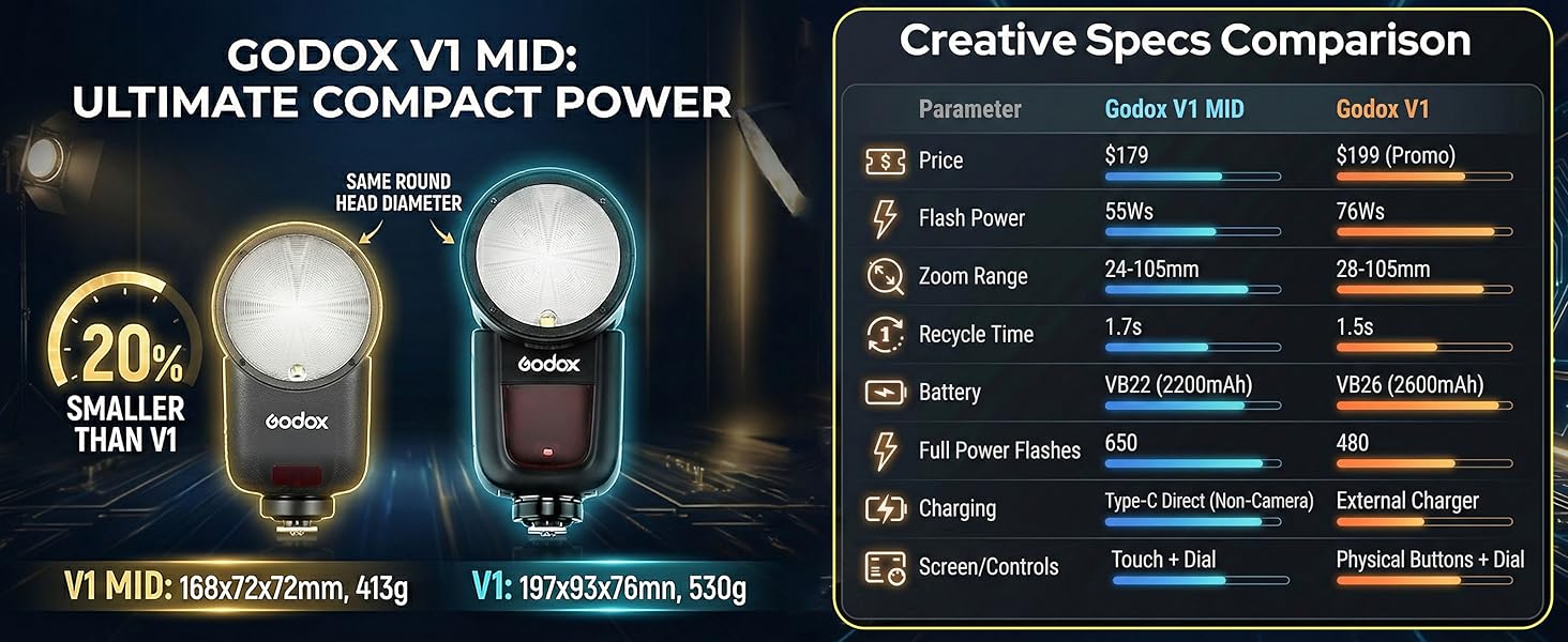 Text reads 'GODOX V1 MID: ULTIMATE COMPACT POWER' with 'Creative Specs Comparison' chart showing technical specifications and comparison data for photography equipment.