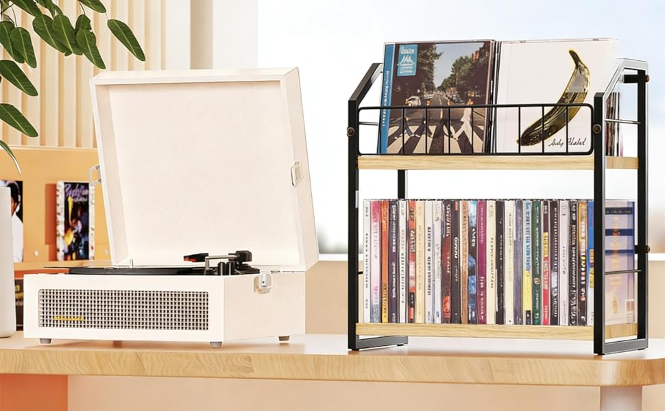 Before and After comparison images showing storage organization solution for vinyl records. Records are shown standing vertically in an organized shelf display.