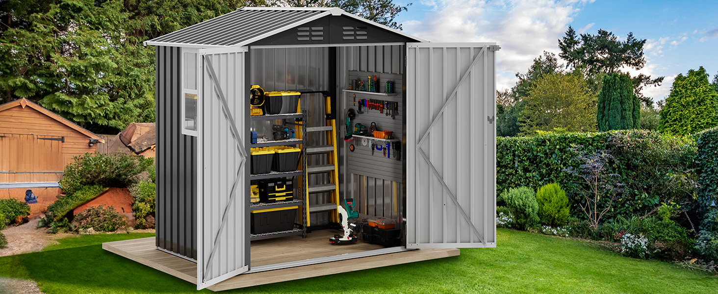 Large outdoor metal storage shed with open doors showing organized shelving and garden tools inside, set in backyard with greenery.