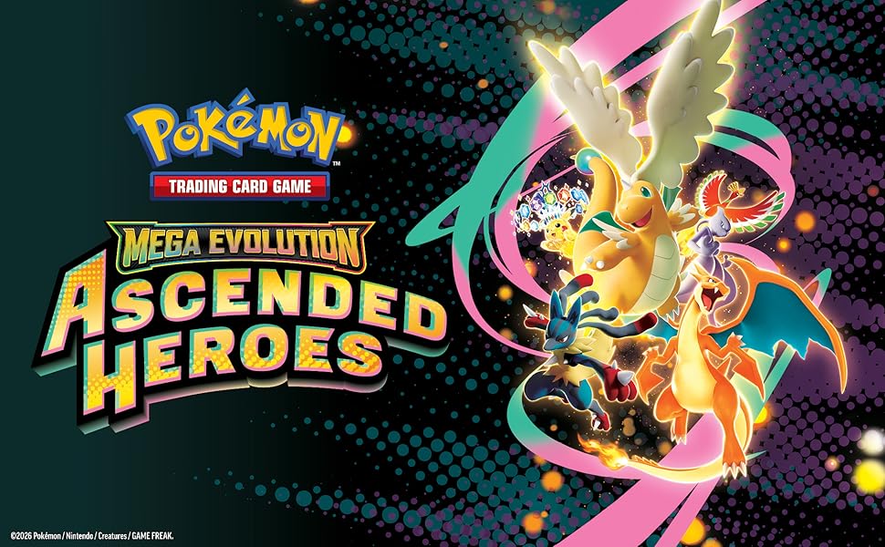 Text reads 'MEGA EVOLUTION' and 'POKEMON HEROES'. Collection of digital artwork featuring animated characters and creatures with bright colors against dark backgrounds.