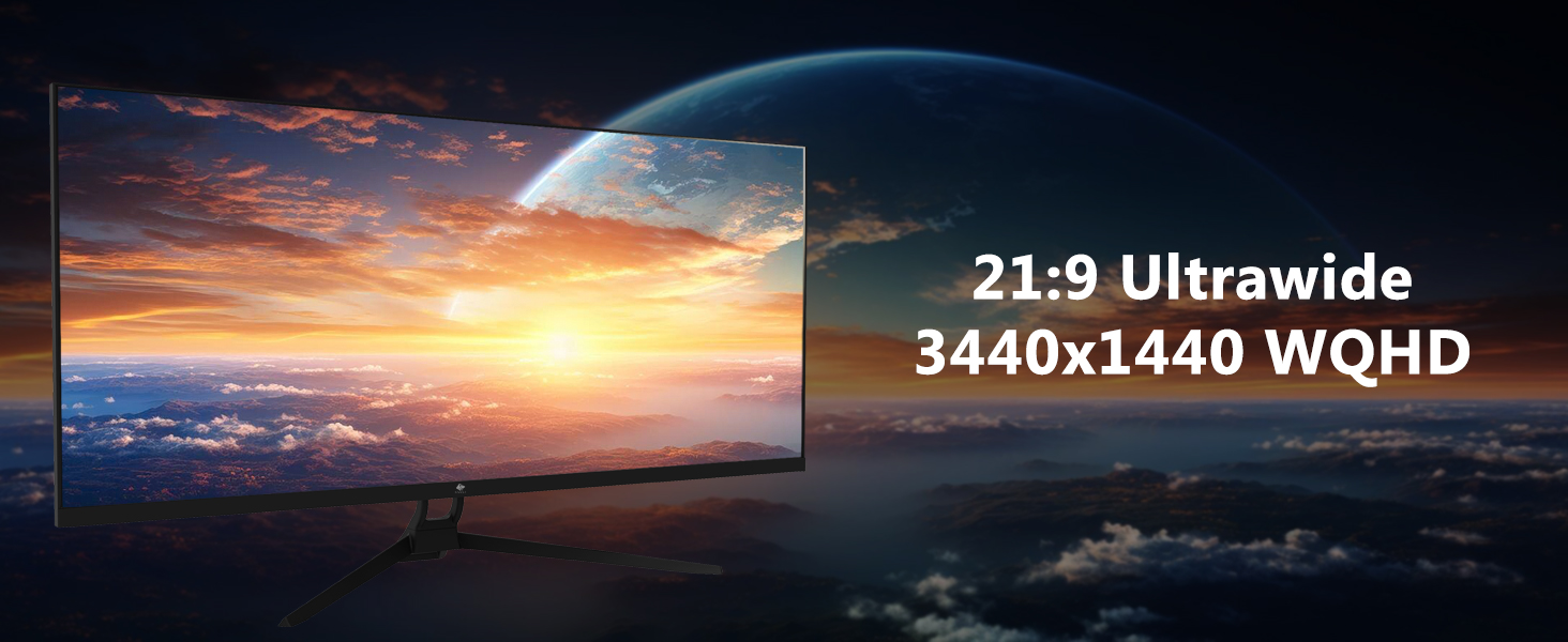 Ultrawide monitor display featuring scenic sunset over clouds. Text overlay indicates '21:9 Ultrawide 3440x1440 WQHD' specifications.