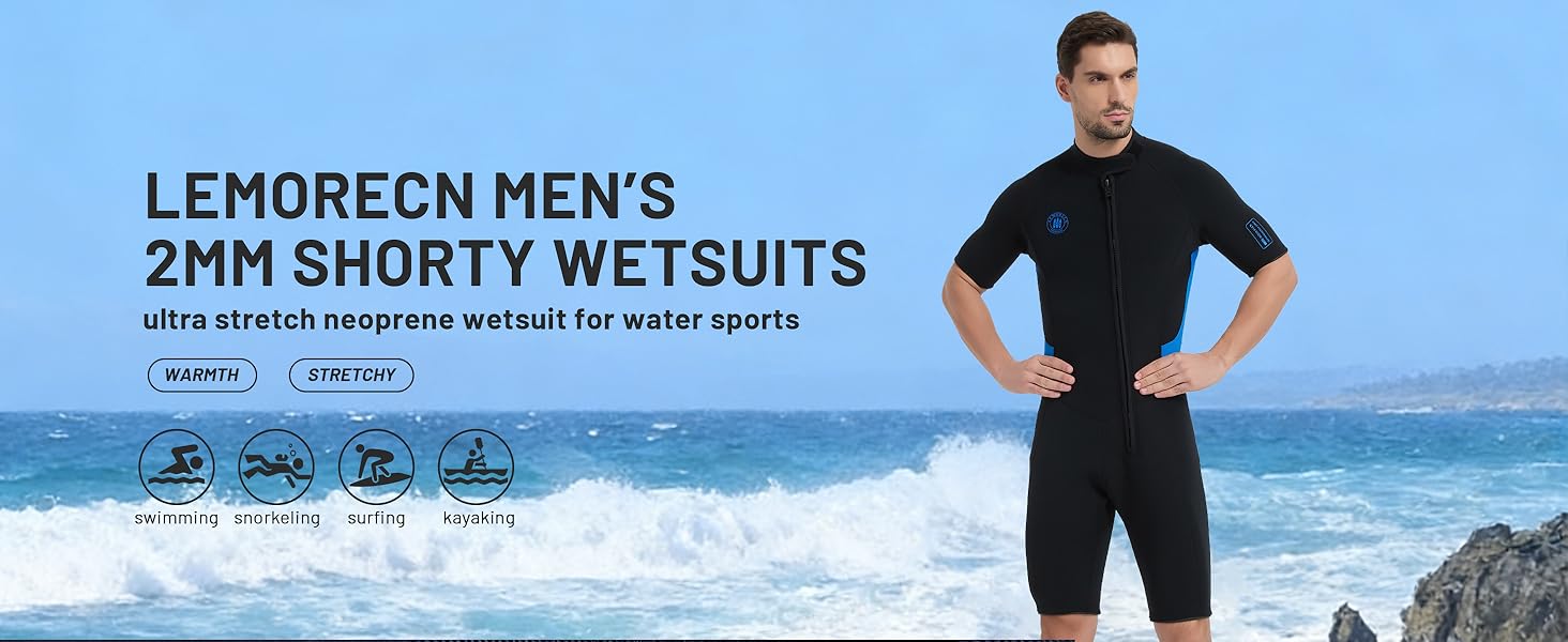 Text reads 'LEMORECN MEN'S 2MM SHORTY WETSUITS'. Product images showing black neoprene wetsuit with various angles and technical specifications icons.