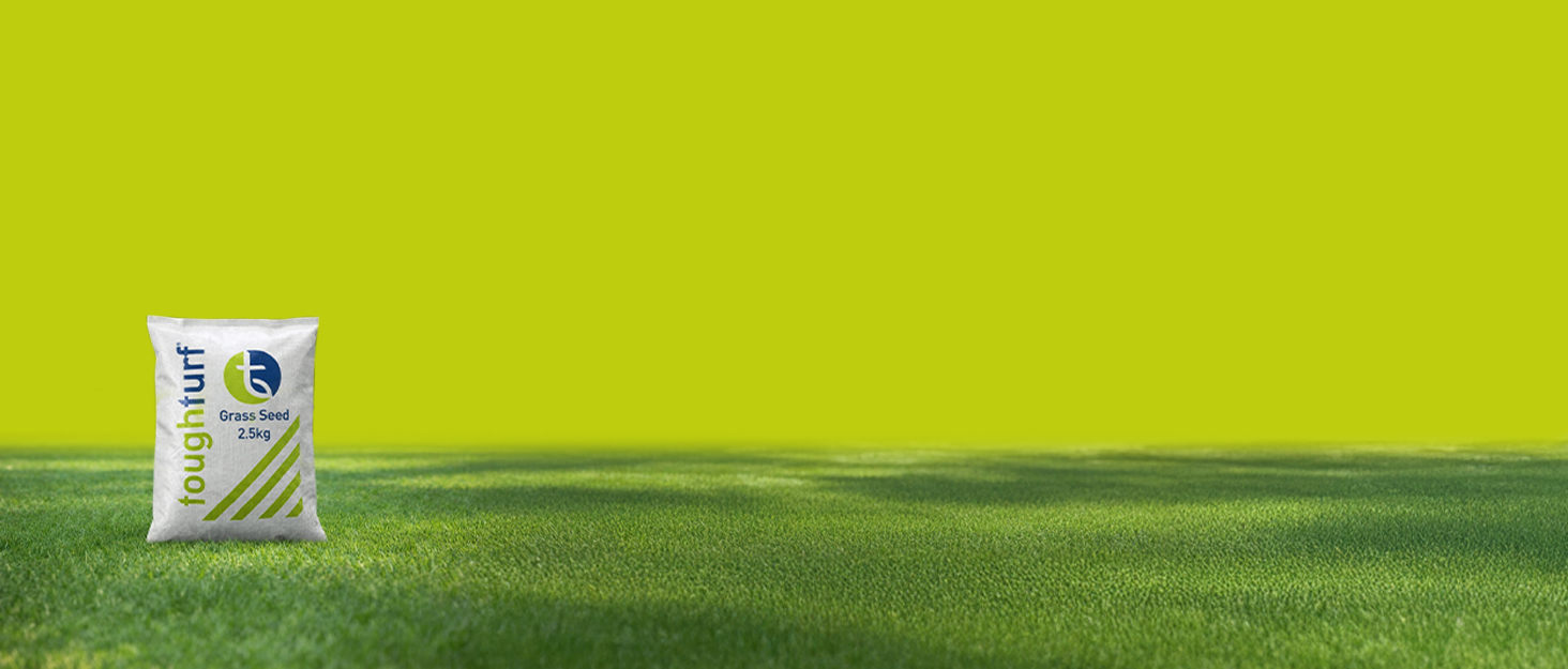 Single white product package or bag positioned on bright green grass field background, creating stark visual contrast.