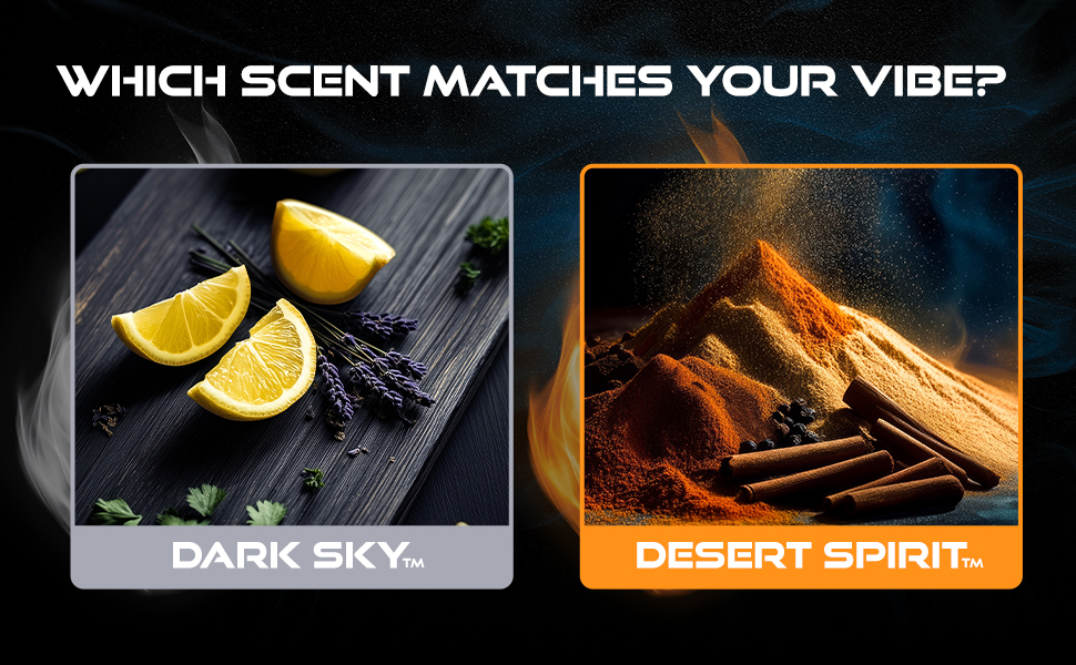 Text reads 'WHICH SCENT MATCHES YOUR VIBE?' 'DARK SKY:' shows citrus slices. 'DESERT SPIRIT:' shows glowing cinnamon sticks against dark background.