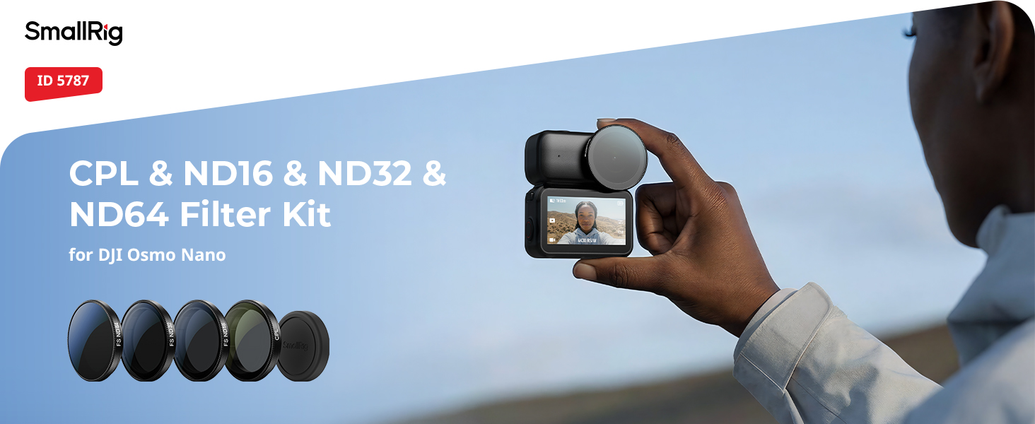 Text reads: 'CPL & ND16 & ND32', 'ND64 Filter Kit', 'SmallRig'. Product images showing camera lens filters and accessories against blue background.