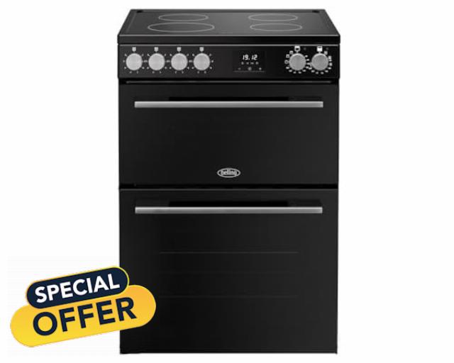 Belling 60cm wide Double Oven BEL FSA VISION 60E Electric Cooker with Ceramic Hob - Black/Silver Steel - A Rated           [Energy Class A]