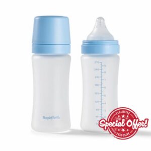 Nuby Pack of 2 RapidBottle Anti-Colic Glass Feeding Bottles - Silicone Coated Glass Bottles with Breast-Like Teat | Quick Feed | No Microplastics | Fast Sterilising | 9oz (Blue)