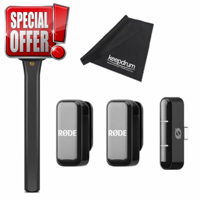 Rode Wireless Micro Wireless Microphone System USB-C with Interview Micro Hand Adapter and Keepdrum Cloth