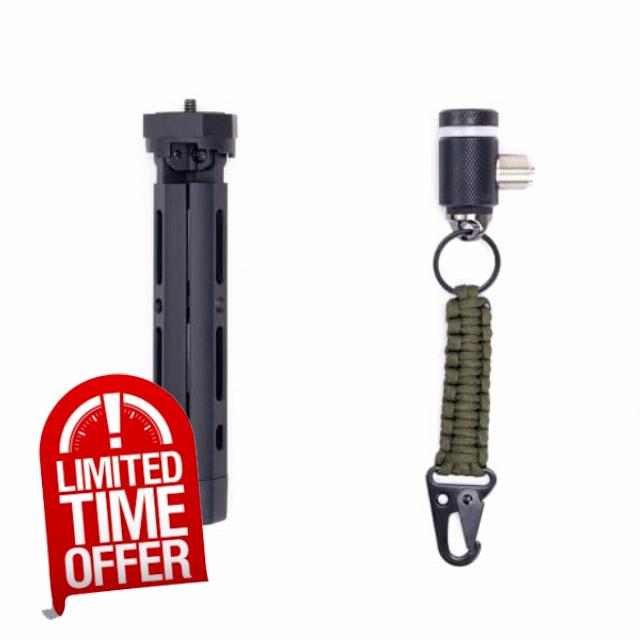 GRA-ULTmini Mini Tripod with GRA-AD35L L-Type 3/8-24 to SO-239 (UHF) Adapter – Black + 1/4-20 Camera Connector Paracord Keychain for Ham Radio Antenna