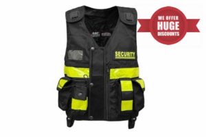 RAC3 High-Visibility Black Security Vest with Reflective Yellow Strips and Body Camera Mounts - Durable