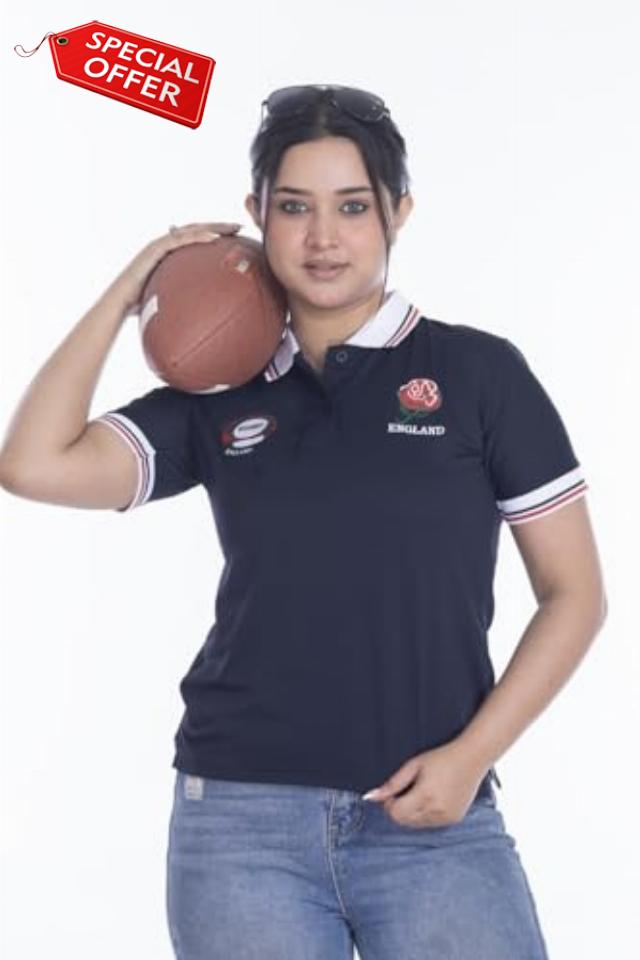 Women England Rugby Fan Supporter T Shirt Button Down Collar Style Short Sleeve Size 8-10 to 24-26 (S to XXL)