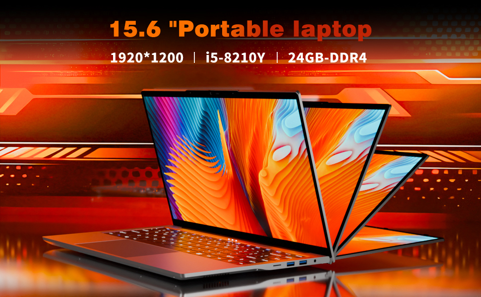 Text reads '15.6 Portable laptop' and '1920*1200 | I5-8210Y | 24GB-DDR4'. Multiple marketing shots of a laptop computer with orange lighting effects and technical specifications.
