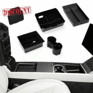 5 Piece Accessories for Tesla Model Y Juniper 2025 2026: Center Console Organiser + Silicone Tray + Hidden Box + Armrest Storage Box + Cup Holder | Flocking & Tpe Material