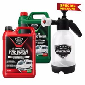 Concentrated Caravan Cleaning Kit with Pump Handheld Sprayer – Stage 1 Pre Wash Cleaner & Stage 2 Super Carnauba Wax Shampoo