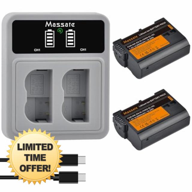 2 Pack 2600mAh EN-EL15c EN-EL15 Battery + LED 9V Fast Charger[Full Power 2.5Hrs]