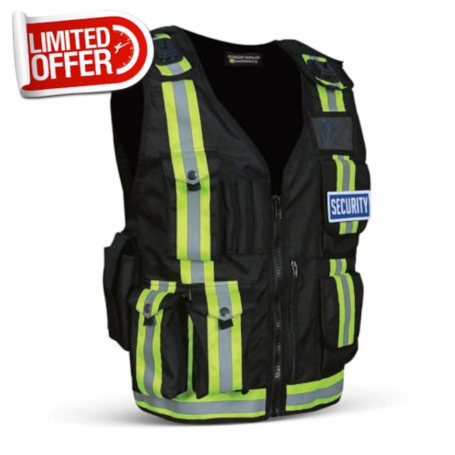 High Vis Black Tactical Airsoft Vest - Mesh Reflective Safety Gear for Outdoor Security - Adjustable Premium Design with Multi Pockets (Black