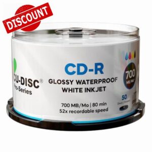 Glossy Waterproof White Inkjet CD-R 52x – 700MB/80min Blank CD Recordable Media – Hub Printable – High-Gloss Waterproof Inkjet Printable Discs (50)