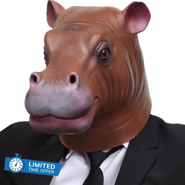 Realistic Novelty Hippo Full Head Latex Mask - Adult Hippopotamus Animal Cosplay Mask for Halloween Christmas Masquerade Party Props