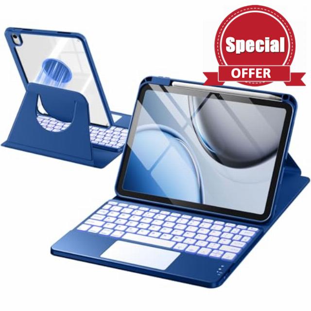 360 Rotating Keyboard Case for iPad A16 11th 10th Generation with 7 Color Backlit Trackpad