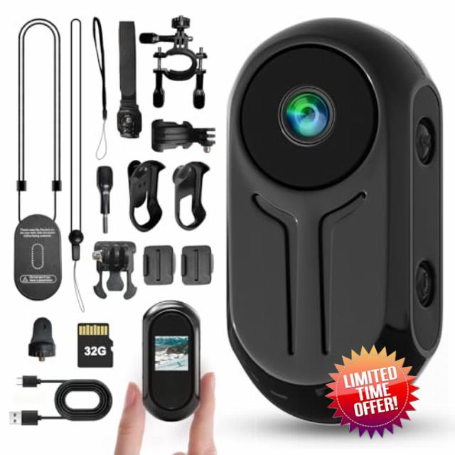 Valentines Thumb Action Camera Body Cam 1080P FHD Wearable Body Cameras with 32GB Card Mini Hands-Free Pov Cameras with Accessories for Gift Ski Sports Motorcycle Horse Riding Vlogging