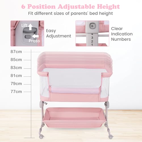 6-Level Heights Adjustable Infant Bassinet for Newborns (Pink)