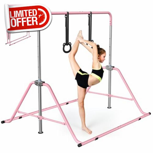 Adjustable Kids Gymnastics Bar with Rings - Folding Horizontal Training Kip Bar