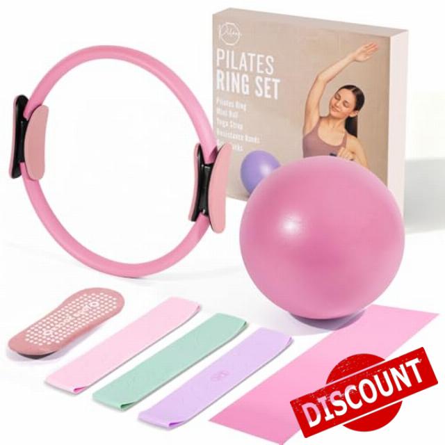 Pilates Equipment - 9pcs At Home Pilates Kit for Women Includes 14” Pilates Ring Magic Circle with Dual Padded Handles - Small Pilates Ball Highly Elastic Exercise Resistance Bands Pilates Accessories