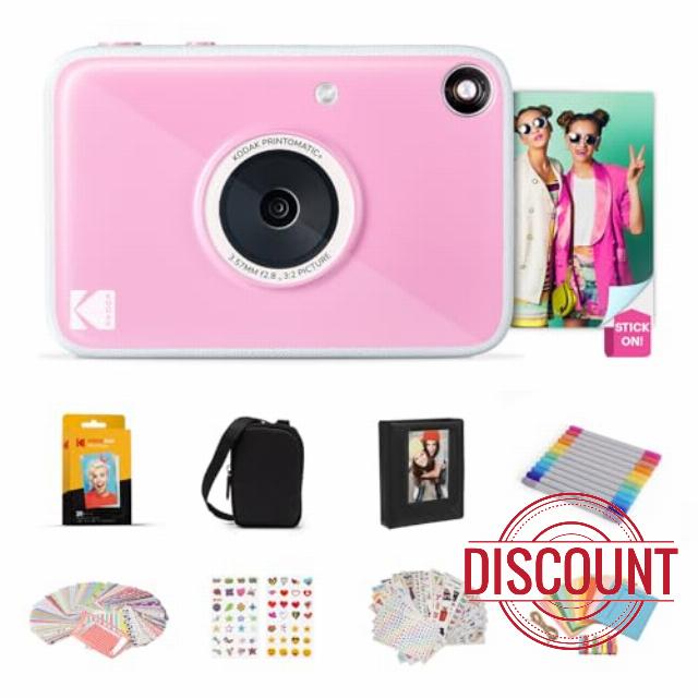 KODAK Printomatic+ Full Color Instant Print Digital Camera Gift Bundle + Case + Zink 2x3" Sticky Back Photo Paper 20pk + Album + Sticker Sets + Sticker Frames + Hanging Frames + Markers - Pink