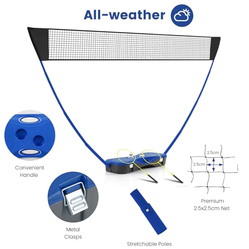 Folding Badminton Net with 2 Badminton Rackets and 2 Shuttlecocks for Indoor Outdoor Games