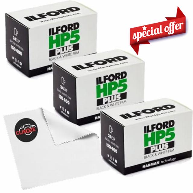Ilford HP5 Plus Black & White 35mm Film Triple Pack (3 x 24 Exposures) ISO 400 Negative Film + Clikoze Microfiber Lens Cloth