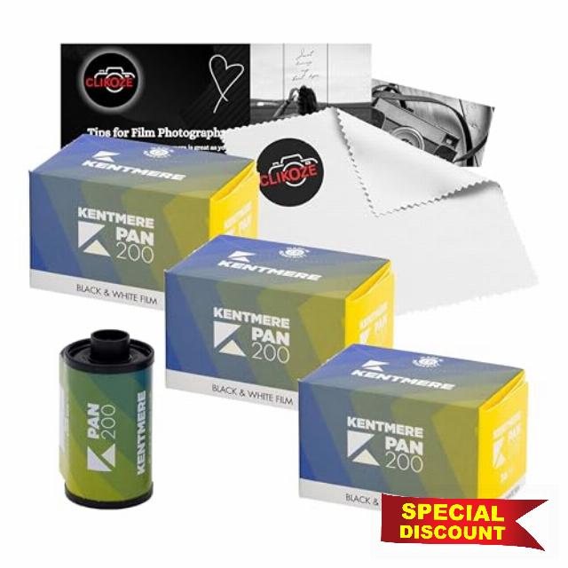 Kentmere Pan 200 Black & White 35mm Film Triple Pack (3 x 36 Exposures) ISO 200 Panchromatic Monochrome Negative Film + Microfiber Lens Cloth