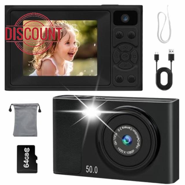 Digital Camera 1080P 48MP FHD Compact Digital Camera with Dual Camera，Portable Photo Camera with 2.4" LCD Screen & 64GB SD Card