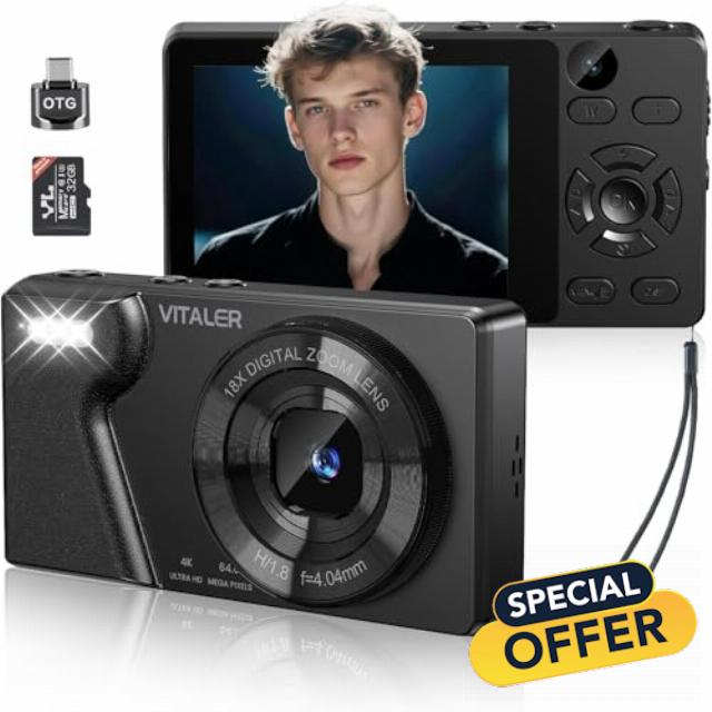 Digital Camera 4K 64MP Compact Camera with Dual Lens