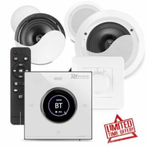 Powerline B50W 2-Zone Bedroom and Bathroom Sound System Bluetooth Wall Amplifier Bundle with 4x 6.5" Ceiling Speakers and 50m White Speaker Cable