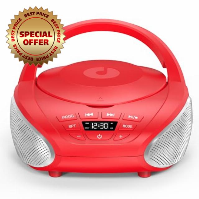 Gueray Portable CD Player Boombox Compact CD Boombox with Stereo Speakers FM Radio 3.5mm AUX Input and Headphone Jack LCD Display for Indoors