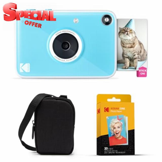 KODAK Printomatic+ Instant Print Digital Camera Starter Bundle + Carrying Case + Zink 20pk Sticky-Back Photo Paper - 10MP
