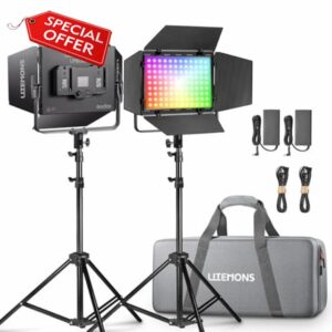 Godox Litemons LP600R 2-Light Kit RGB LED Continuous Lighting Panel 60W CCT 1800K-10000K Supports APP Control with Barndoors
