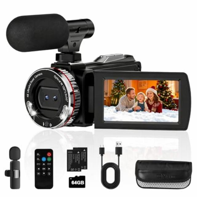 4K Camcorder Video Camera 64MP Vlogging Camera for YouTube 21X Digital Zoom Video Camera 3.0" 270° Rotatable Screen