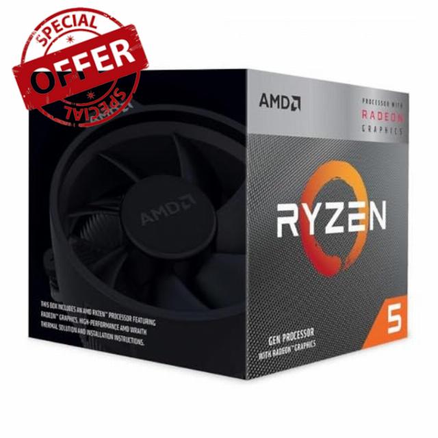 AMD Ryzen 5 3400G Processor (Integrated Radeon™ RX Vega 11 Graphics. 4 cores / 8 threads. 65W TDP. AM4 socket. 6 MB L2+L3 cache. Boost clock up to 4.2 GHz. Wraith Stealth cooler included)
