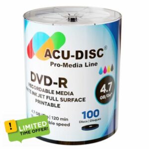 DVD-R 4.7GB 16× White Inkjet Printable Discs – Full-Face Hub Printable
