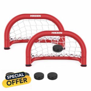 Hikeen 2 Mini Hockey Goal with Durable Iron Frame & Nylon Net and 4 Hockey Pucks Can Withstand Powerful Shooting