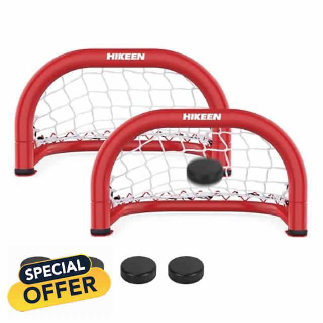 Hikeen 2 Mini Hockey Goal with Durable Iron Frame & Nylon Net and 4 Hockey Pucks Can Withstand Powerful Shooting
