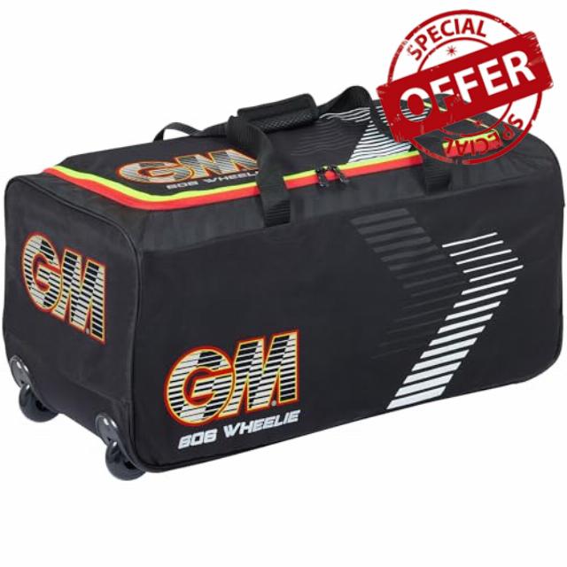 Gunn & Moore GM | 606 Wheelie Cricket Bag Holdall | Enginneered Wheel Housing | Padded Carry Handles for Comfort | Volume - 67 litres | Tough 600 Denier Polyester | Black Red & Yellow