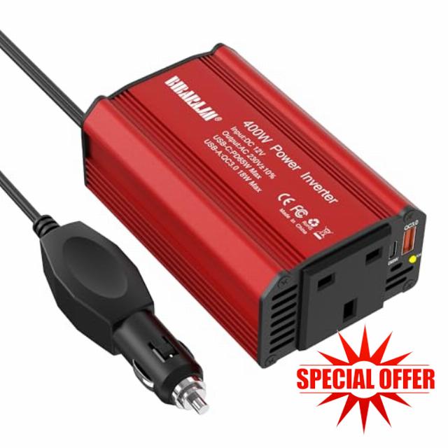 400W Car Voltage Converter Inverter DC 12V to AC 230V with Sockets USB A and USB C PD65W Charging Ports Fast Charging Car Charger with Cigarette Lighter Plug for Business Trips and Vacatio