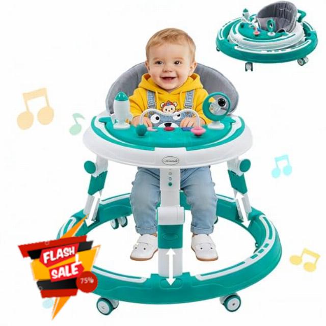Baby Walker 4 in 1 Round Shape Kids Seat with 360° Quiet Wheels Multifunctional Foldable Kids Push Walkers Sit with Music