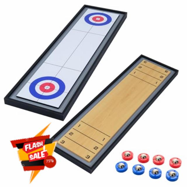 2 in 1 Tabletop Curling Game Shuffleboard Board Game with 8 Rolling Pucks