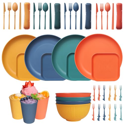 Lightweight Portable Plastic Plates and Bowls Sets for 4 People - Colorful Plates