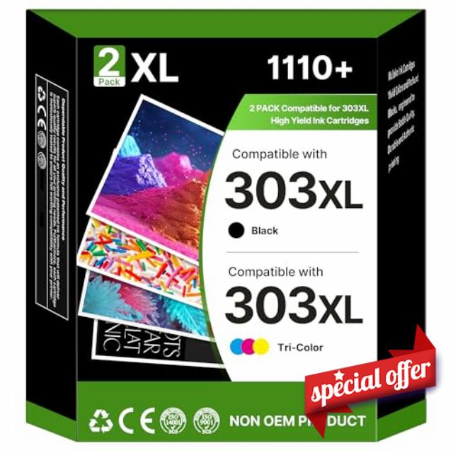 303XL Ink Cartridges Multipack High Yield Replacement for HP 303 XL Ink Black and Colour for HP Envy Photo 6220 6230 6232 6234 7120 7130 7132 7134 7137 7820 7830 7832 printers (2-Pack)