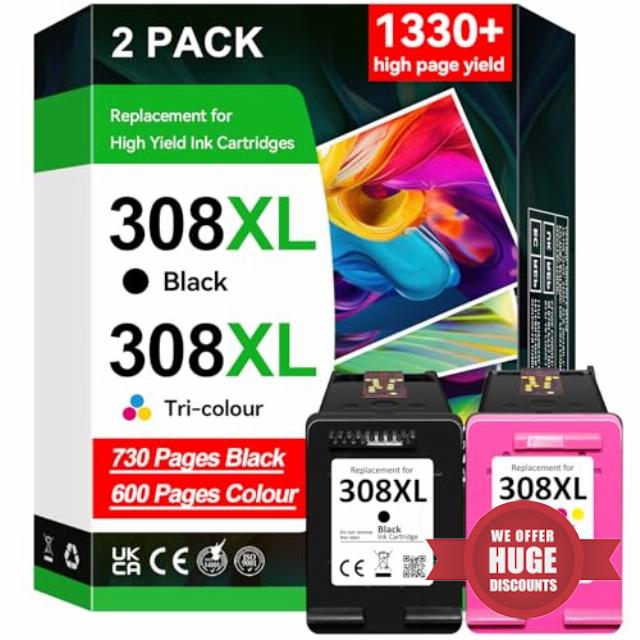 308XL Ink Cartridges High Yield Replacement for HP 308 Ink Cartridges Black and Colour for HP Envy 6120 6120e 6110e 6122e 6132e 6532e 6152e 6520e 6530e 6558e 6110e 6130e (2-pack)